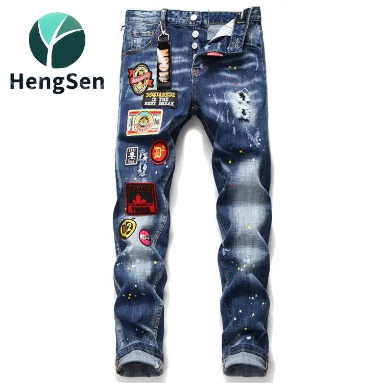 

Jeans men's DSQ maple leaf hole badge stretch slim jeans high, Yellow/white & black/white