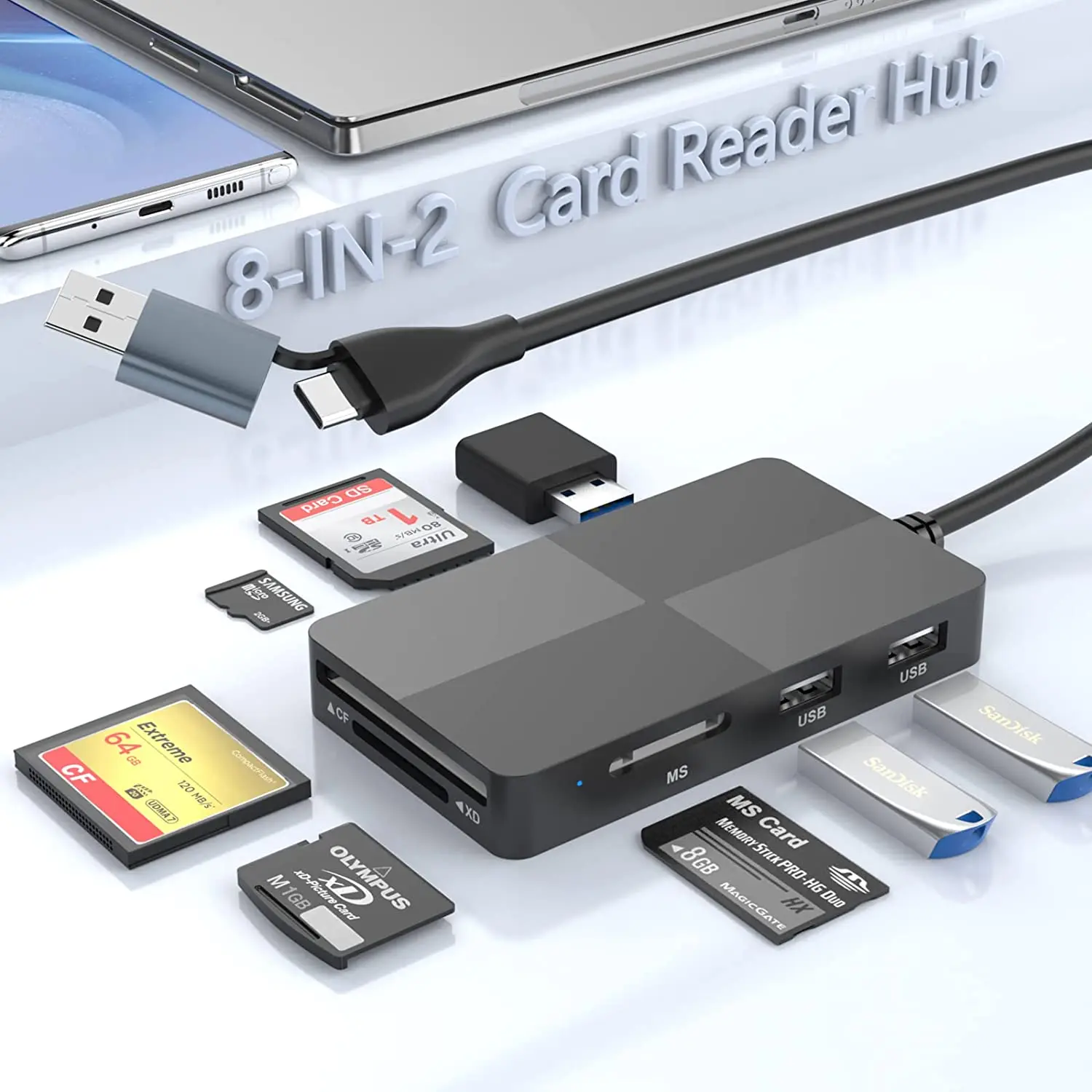 

8-IN-2 Memory Card Reader Adapter USB C USB3.0 Multi card reader for SD CF CFI MS MMC UHS-I