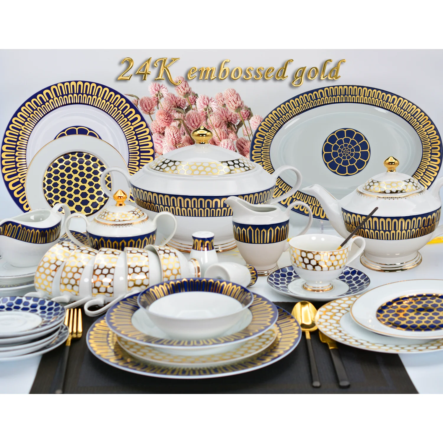 

98PCS RTS Famous brand modern luxury porcelain dinner dinner set with 24k pure gold decoration embossed gold dinnerware