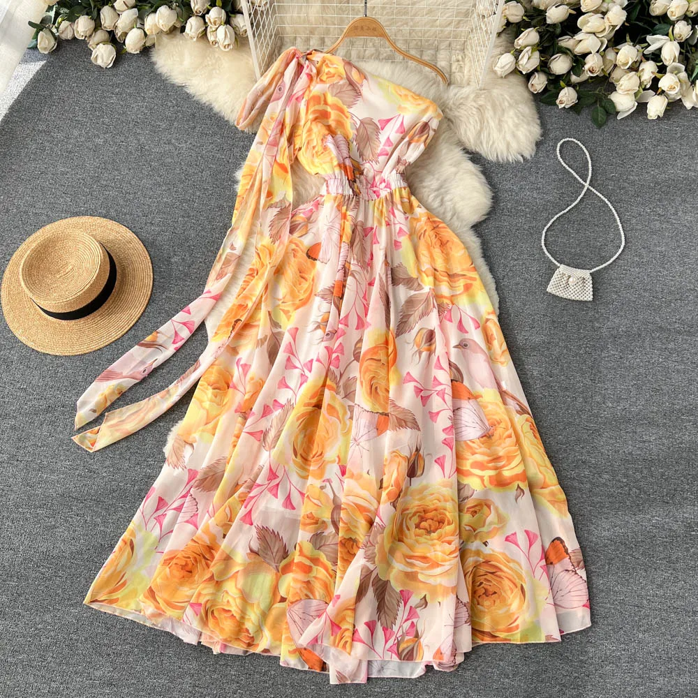 

Back Suspender Chiffon Print Flower Posmian Seaside Holiday Style Woman Dresses