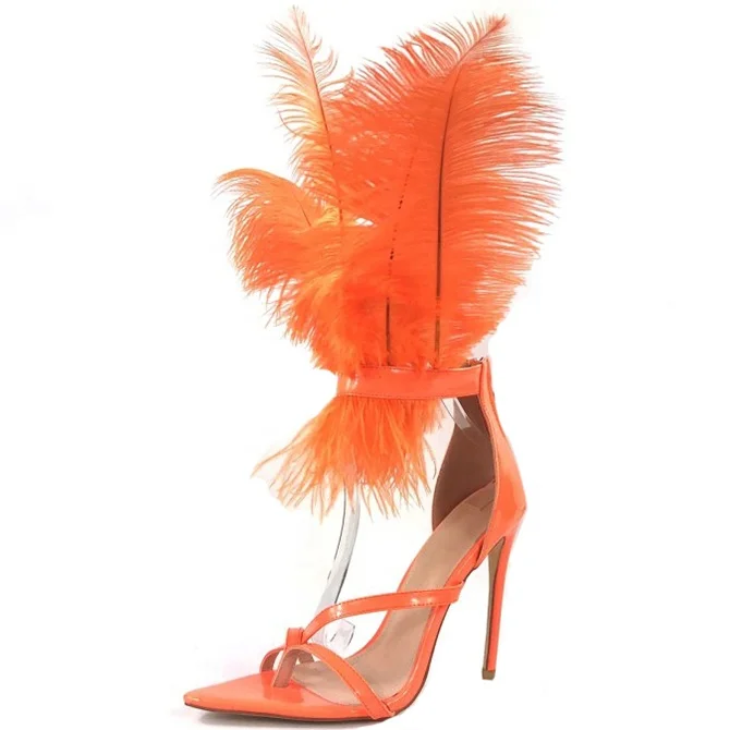 

Custom Large Size Stiletto Feather Upper Women Sandals High Heels Pumps T-stage Party Shoes, Black orange