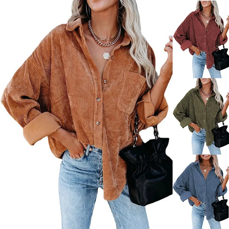 

New arrival casual oversized corduroy fabric blank shirt long sleeve single breasted women shirts for autumn