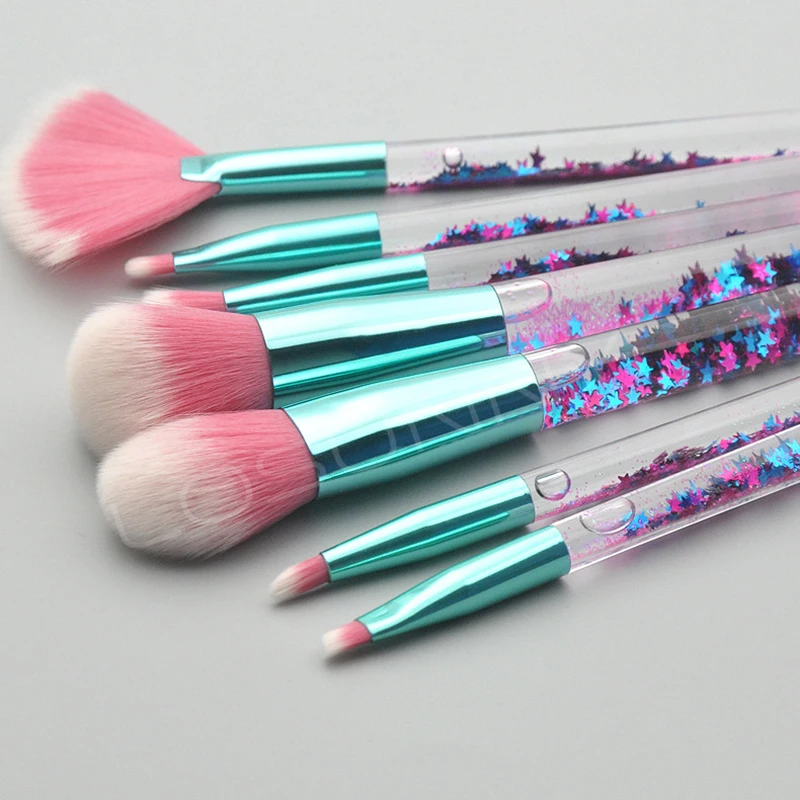 

7 Pieces Transparent Crystal Diamond Plastic Handle Liquid Particles Sequins Pvc Packaging Personalized Makeup Brush Set, As picture