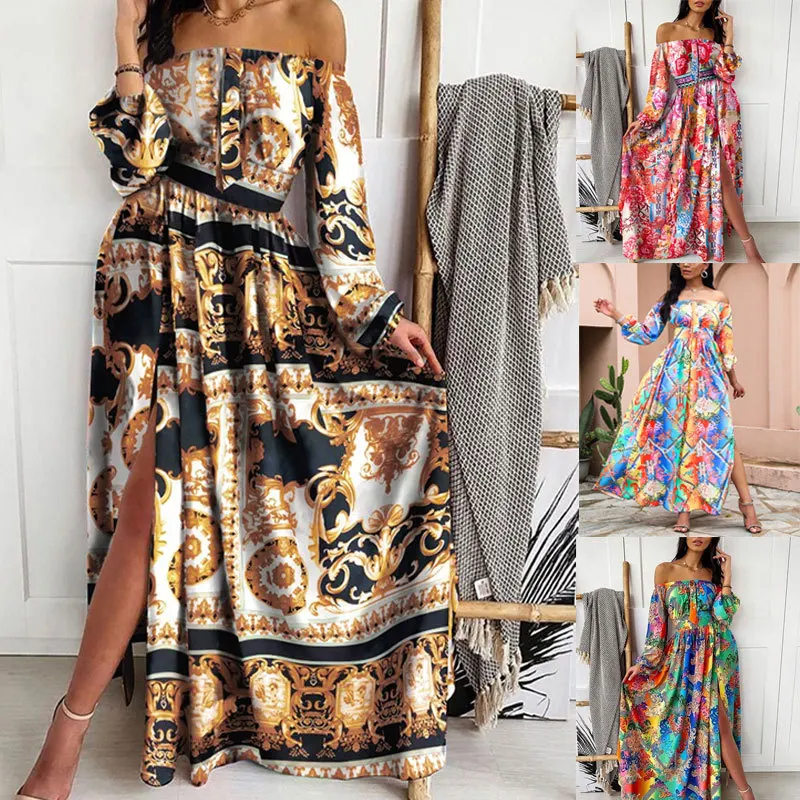 

Cheap African Sexy Summer Clothing Floral Printed Off Shoulder Loose Long Dresses Long Sleeve Backless Slit casual dresses