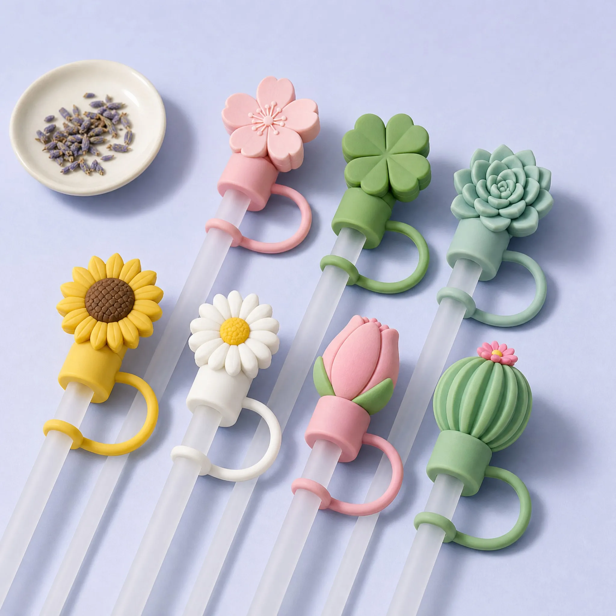 7 Flowers on Long Reusable Straws with Lavender Dish
