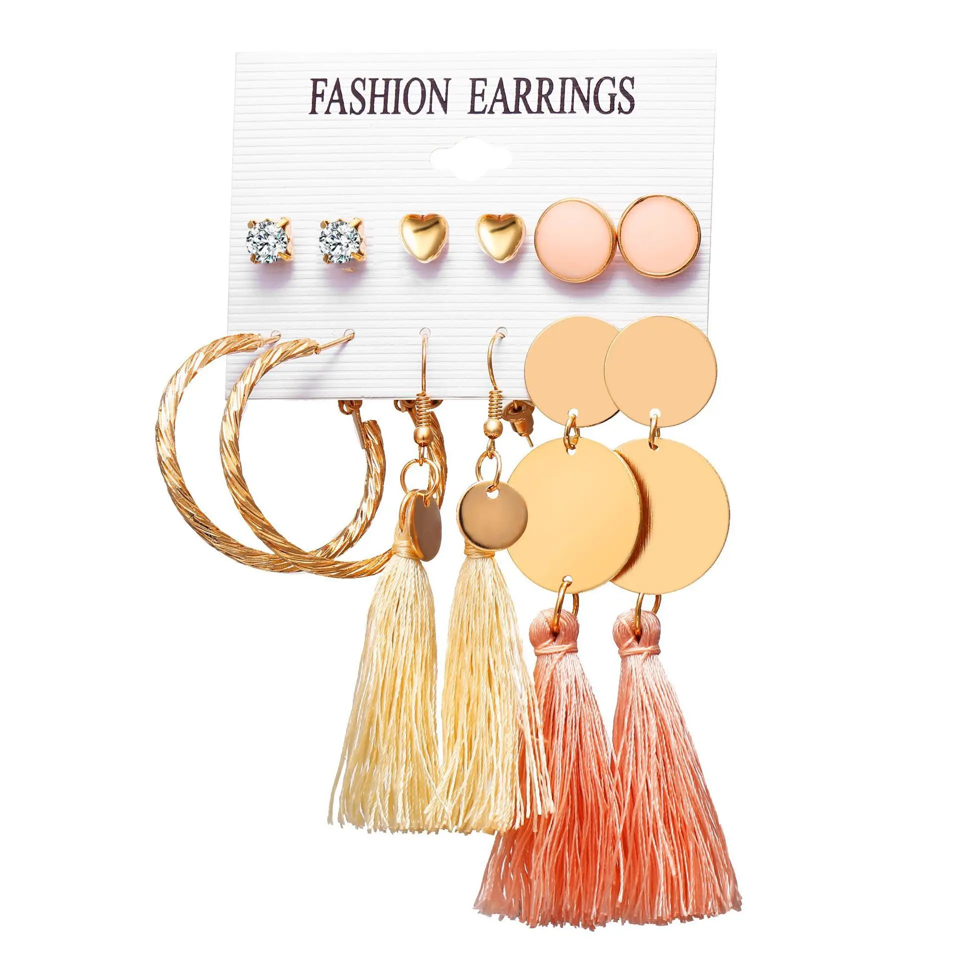 

Wholesale Fashion 6 Pairs Gold Plated Hoop Loop Small Heart Stud Women Girls Bohemian Drop Long Tassel Earring Set For Ladies, Color plated as shown