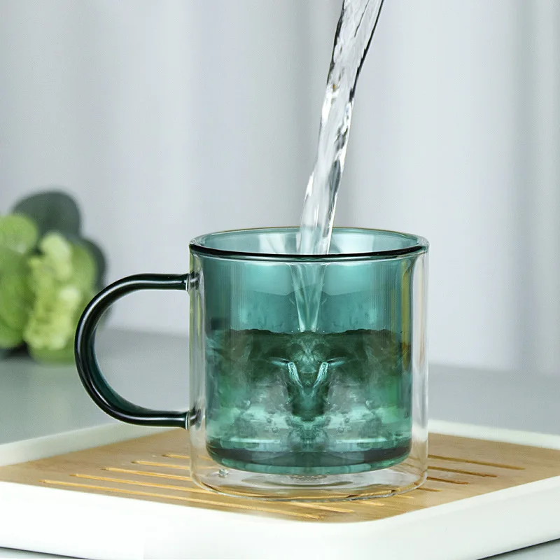 

9oz Colored Green Grey Blue Pink Double Wall Borosilicate Drinking Coffee Tea Milk Cup Mug Glass