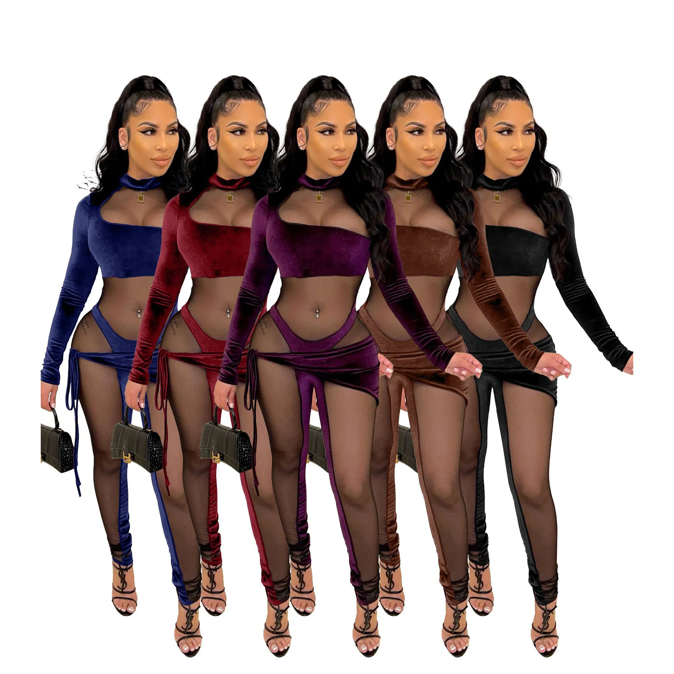 

2021 Trendy Women See Through Mesh Fabric Bodycon Backless Jumpsuits Long Sleeved Fitness One Piece Jumpsuits