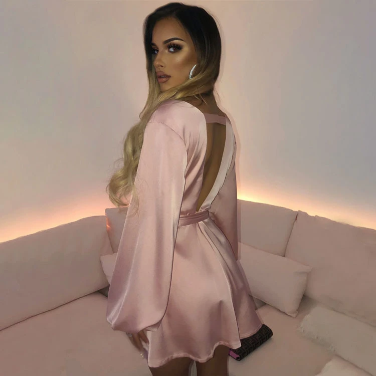 

2021 spring new fashion dress women's elegant V-Neck long sleeve Mini Satin Dress