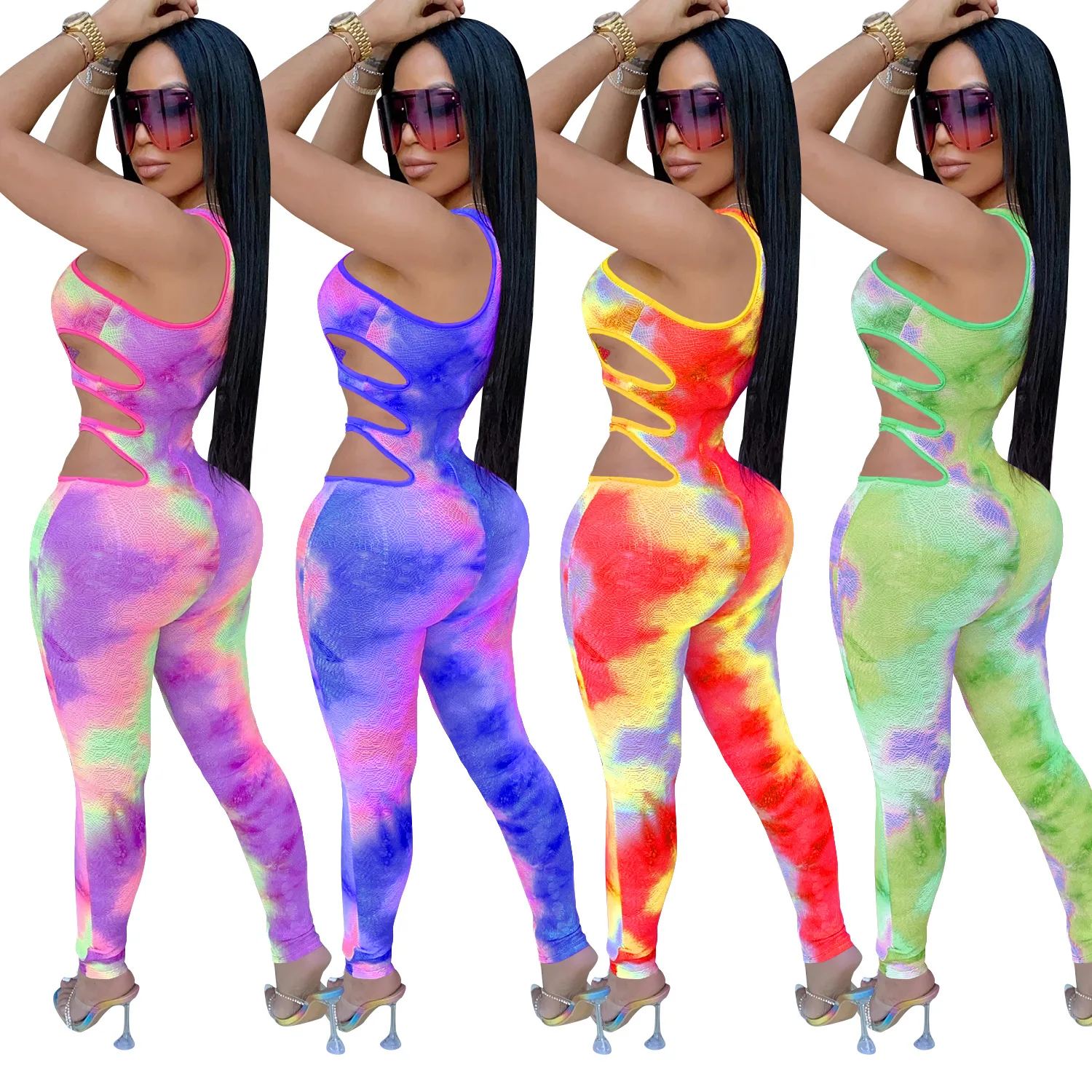 

Cut Out Tie Dye Inclined Shoulder Skinny Sleeveless Bodycon Jumpsuit Women