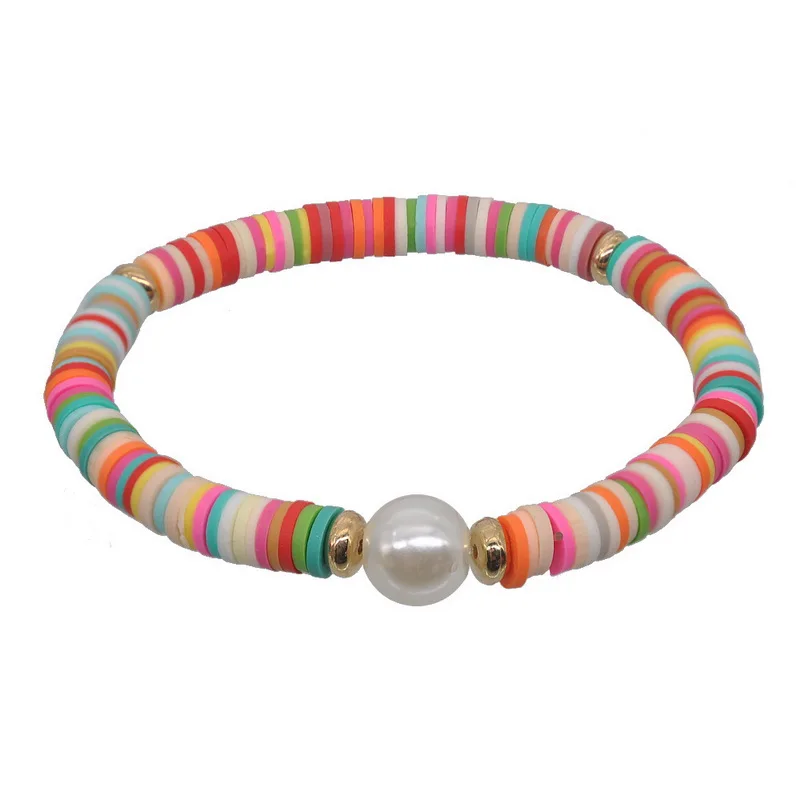 

Beach Bohemian Style Soft Clay Pearl Beaded Bracelet  Chain Elastic rope Charm Bracelet for Women Girls, As shown in picture