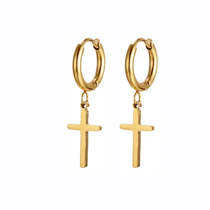 

Wholesale Custom Stainless Steel Jewelry 18K Gold Plated Dangle Jesus Cross Huggies Hoop Earrings for Women, 18k gold, steel color