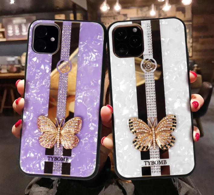 

Luxury 3D Butterfly Flower Hard PC TPU Bling Diamond Phone Case For Iphone 12 11 Pro Max XR XS X 8 7 For Women Fashion Cover, As picture