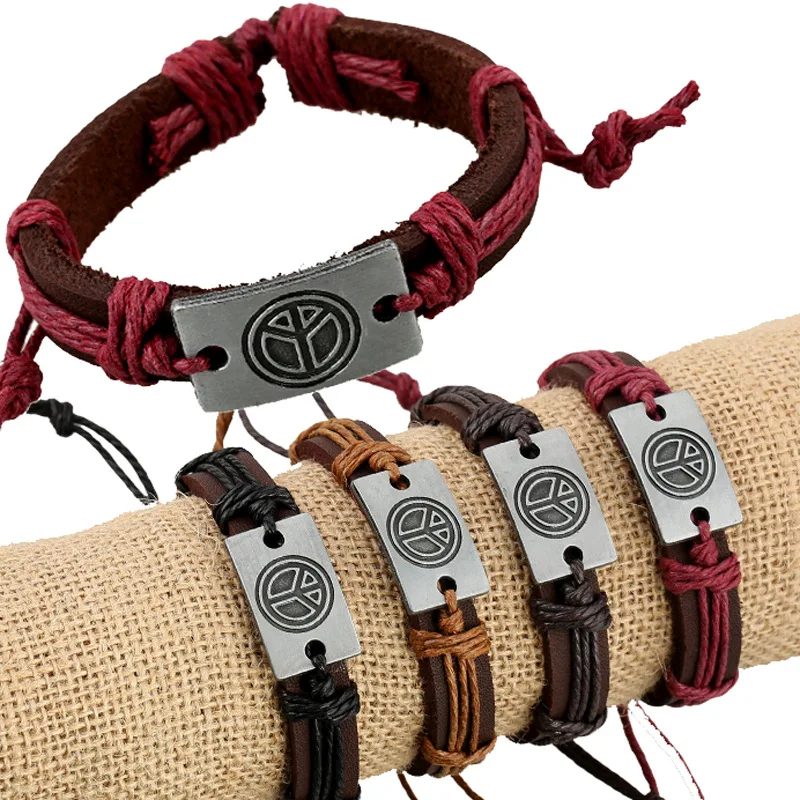 

Drop shipping service best selling Anti war Peace sign logo rope wrap leather bracelet