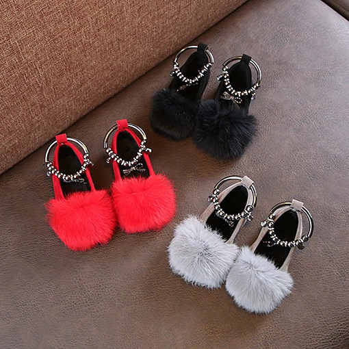 

New design Cute Girls Princess Children Soft Casual Shoes Plush Warm Bow kid Slippers Sandals, Red, black, gray