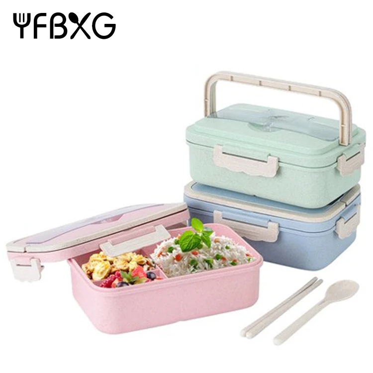 

eco wheat reusable food storage container bento lunch box with cutlery 3 compartment, Pink, blue, green