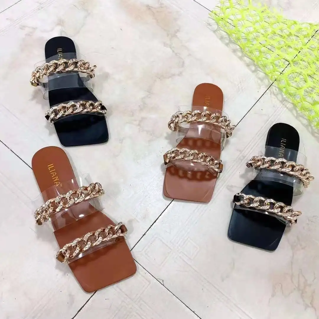

Pantufla 2021 summer double strap chic clear slides ladies square toe flat shoes womens sandals trendy, 2 colors as picture