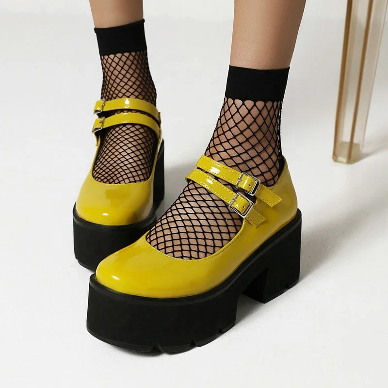 

2021 New Arrivals Spring Round Toe Women's Leather Shoes Retro Mary Jane Thick Sole Chunky Heel Women Casual Shoes Big Size 43, Yellow,black,purple