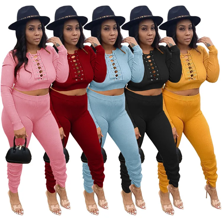 

2021 Sexy Ladies Clothing Bodycon Solid Color Long Sleeve Bandage Crop Tops Stacked Pants Women 2 Piece Set, Picture