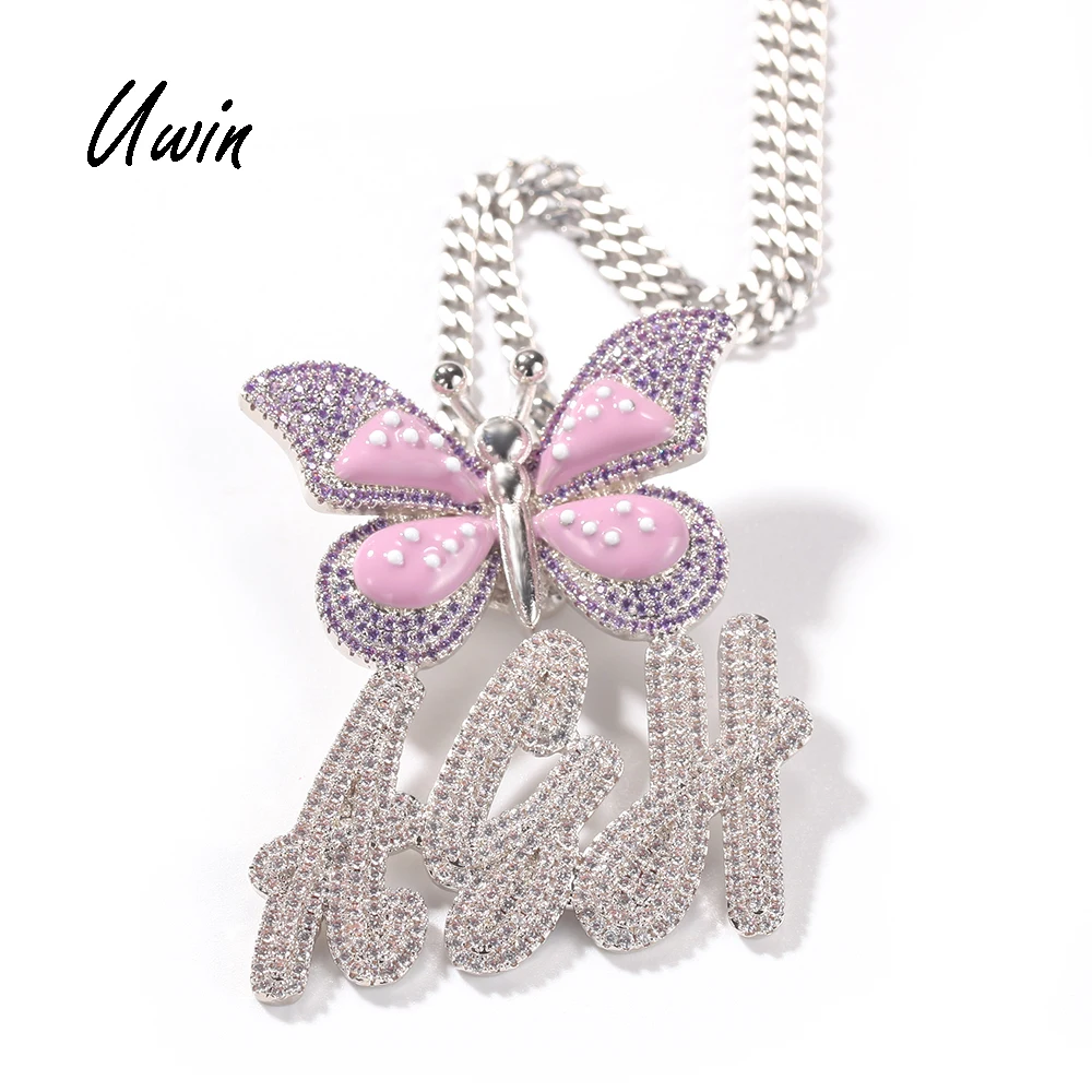 

New Arrival Butterfly Initial Name Letter Customized Pendant CZ Name Plate Necklace Women Rapper Jewelries