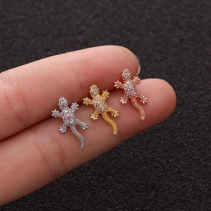 

2021 Sailing Piercing Jewelry Gecko Charms CZ Cartilage Stud Earrings Earlobe Moon Gecko Screw Back Stud Earring