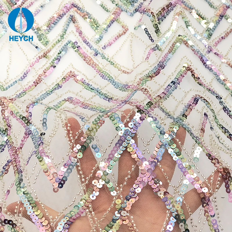 

Hot Fashion Glow Colorful Sequins Beading Decoration Diamond Geometric Pattern Embroidery Lace Fabric Mesh, 9 colors or customized