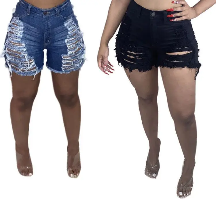 

Summer 2021 Trendy Ripped Washed Denim Shorts for Women Zipper Fly High Waist Jeans Shorts