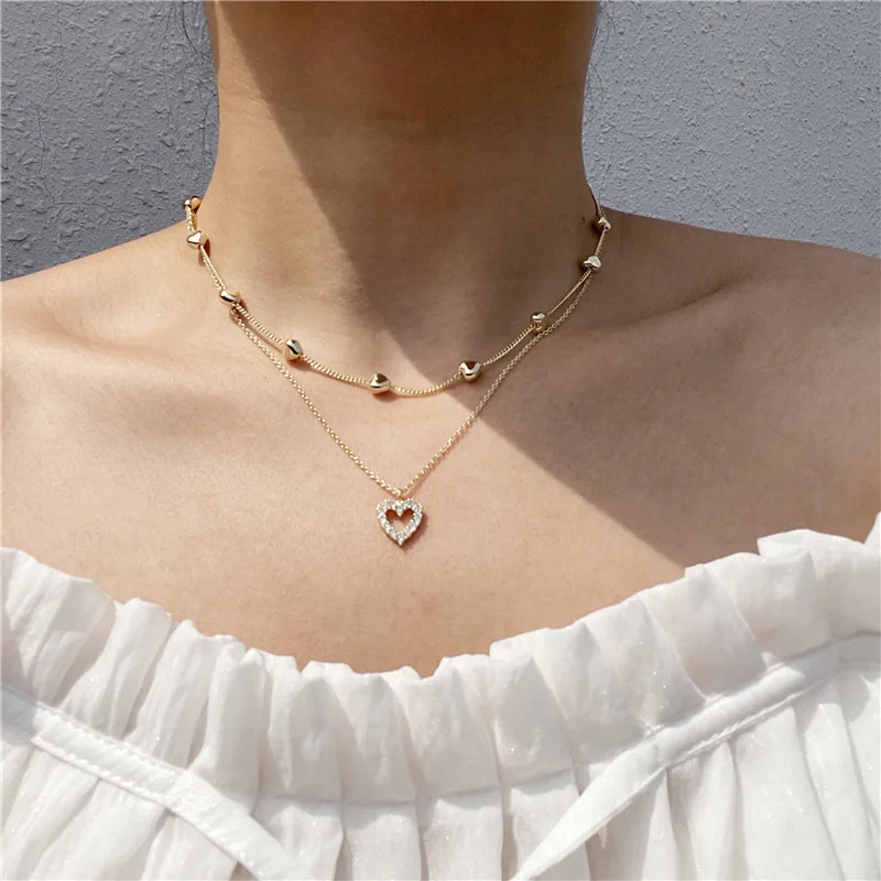 

Hot Sale 14K Gold Heart Pendant Metal Jewelry Zircon Diamond Heart Link Necklace, Sliver/gold/rose gold