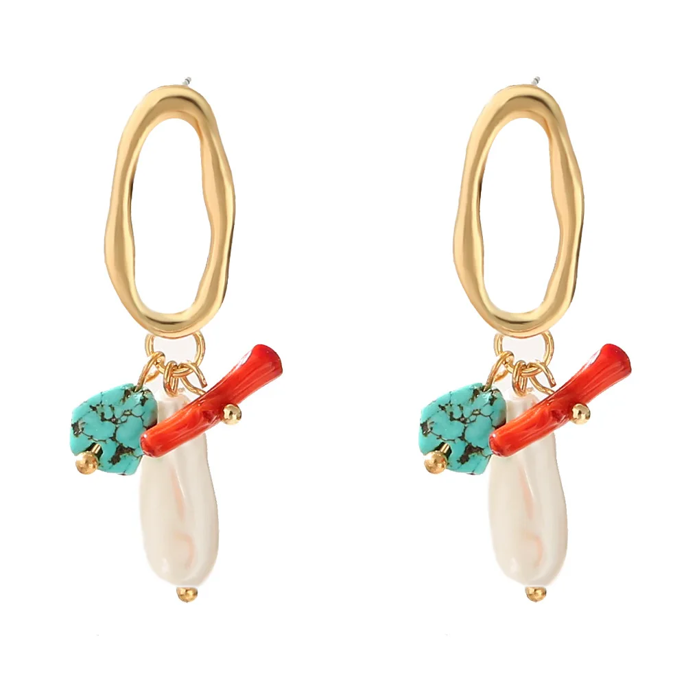 

2021 New Arrival Gold Metal Baroque Irregular Oval Pearl Drop Earrings Hollow Geometric Natural Coral Turquoise Pendant Earrings