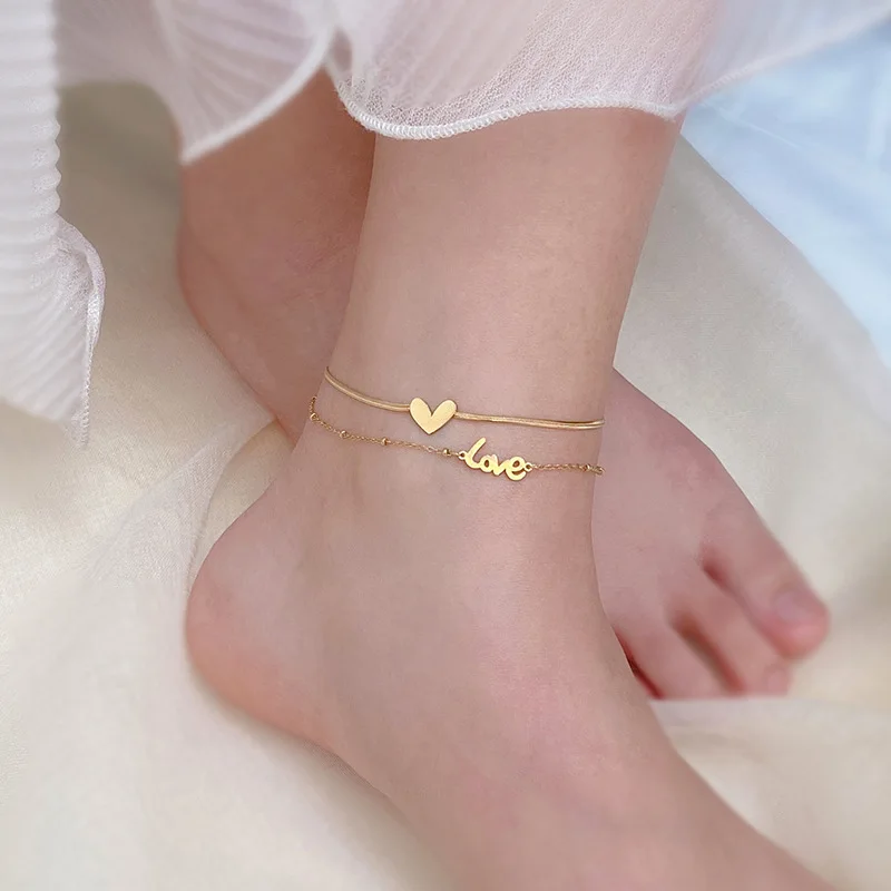 

New Fashion Korean Real Gold Plated Titanium Steel Word Love Ankle Bracelet Double Layer Heart Charm Titanium Steel Anklet