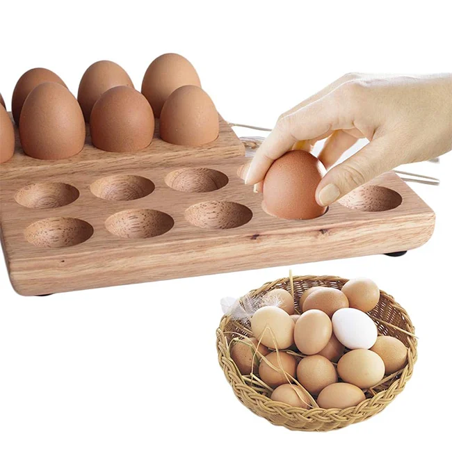 

12 Grids Bottom Non-slip Pad Creative Unbreakable Double Rowchicken Wooden Egg HolderCamping Eggs Tray Holder