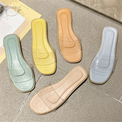 

Chinese Factory New Summer Trendy Flat Transparent Slippers Cheap Women PVC Anti-slip Flat Sandals