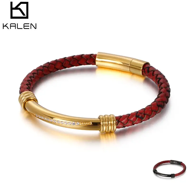 

KALEN ZC Gold Black Charm Braid Leather Male Bracelet