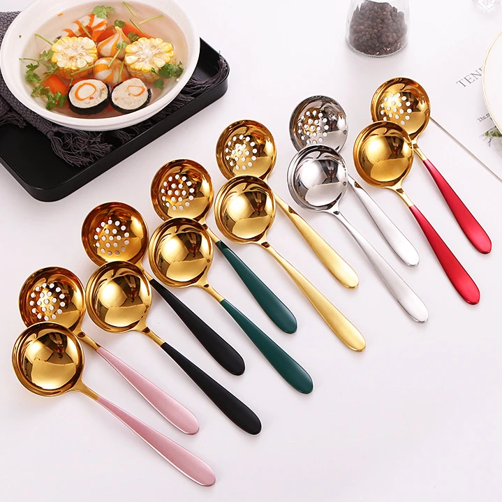 

Crescent hot pot spoon 304 stainless steel thickened soup spoon leakage spoon mirror polishing soup ladle /slotted ladle