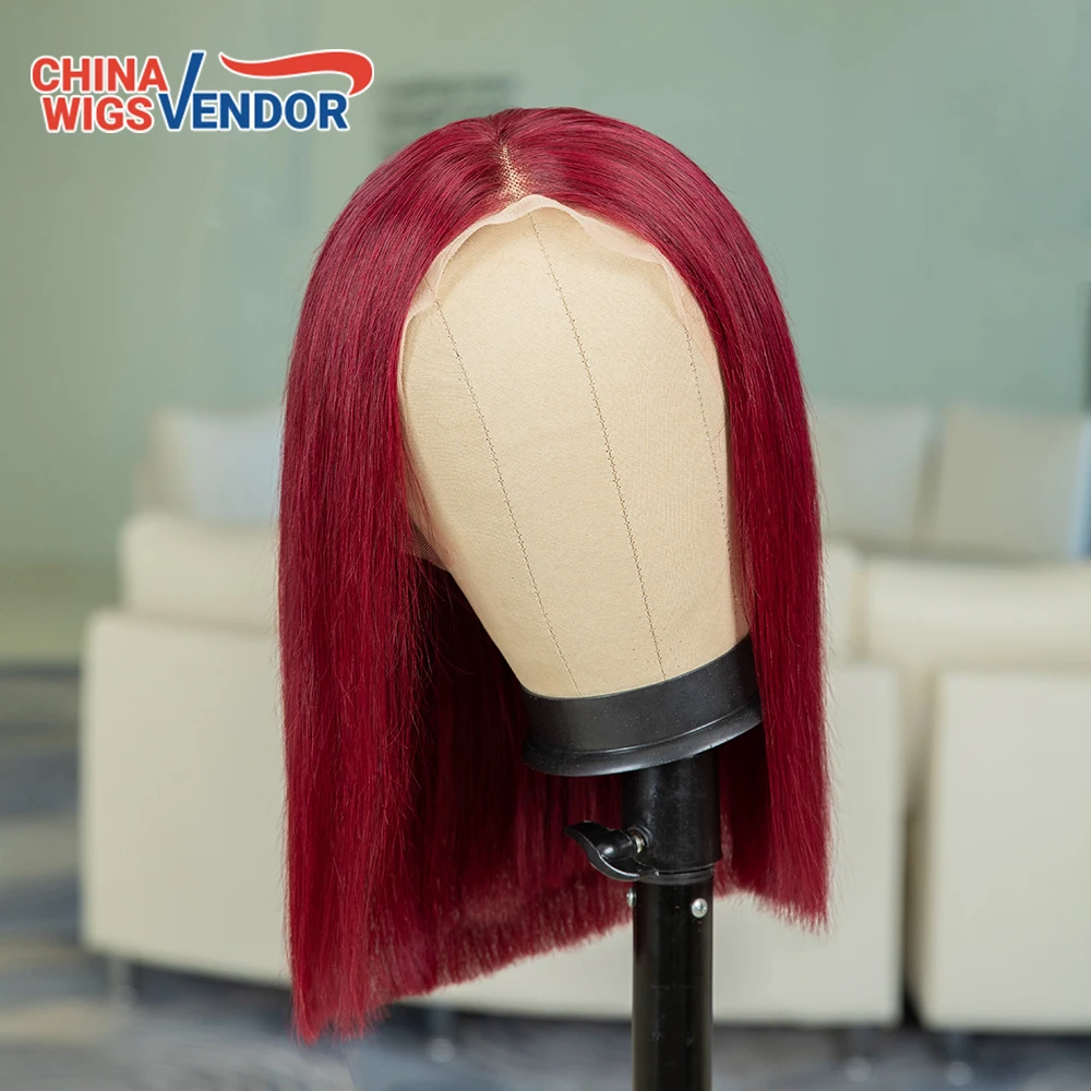 

Burgundy 4*4 Lace Frontal Human Hair Wigs 99J Red Wig Colored Short Straight Closure Bob Wig Wholesale