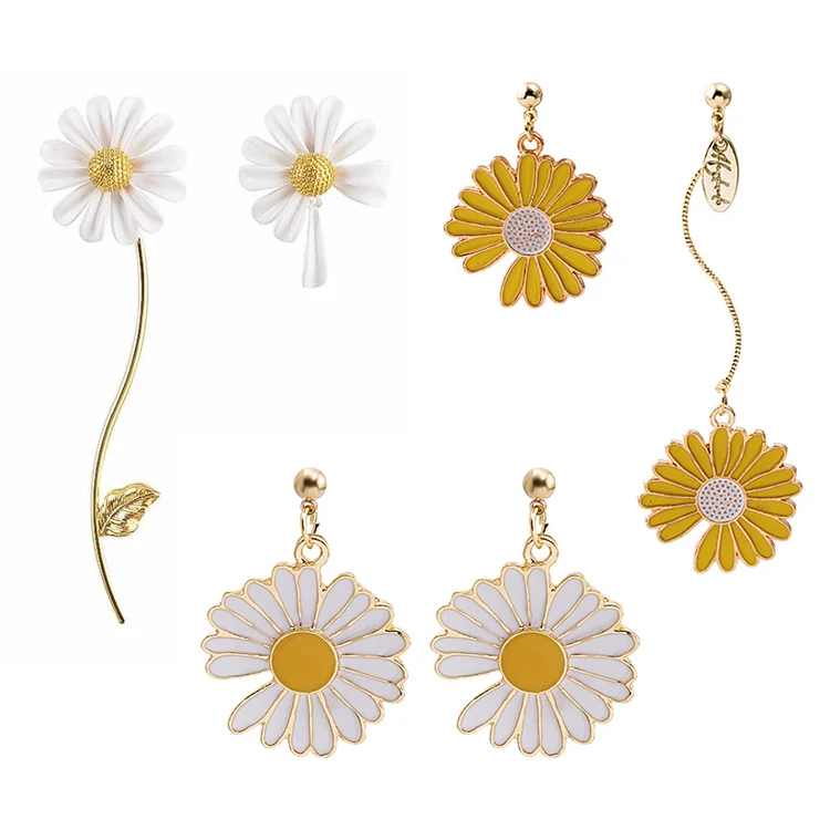 

2020 new arrive enamel cute korean design white daisy flower asymmetry drop earrings for women charm fashion jewelry
