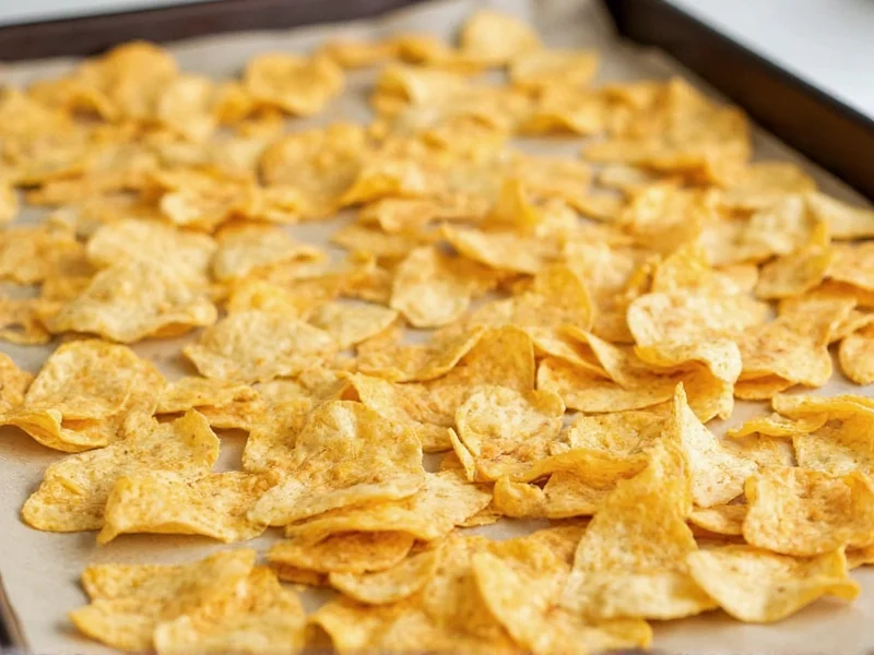 Baked taco chips on parchment-lined baking sheet