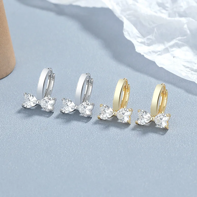 Wholesale Fashion Jewelry 925 Sterling Silver Bow Knot Earring Bowknot Zircon Gold Plated Hoop Earrings Jewelry for Women