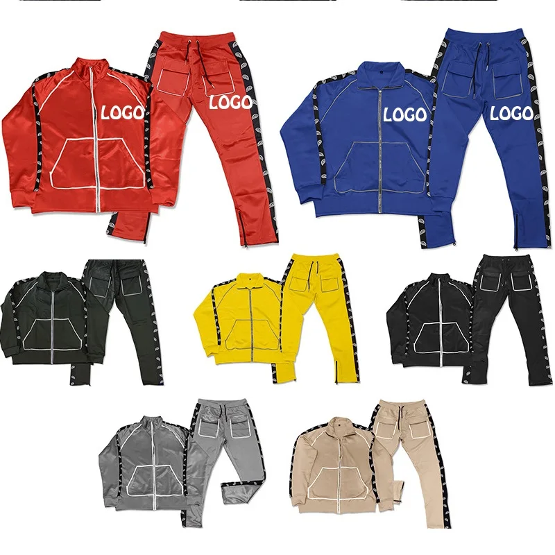 

New Design Custom Private Label Sportswear Suit Men Polyester Reflective Stripe 2 pc sets Zipper Jogging Tracksuit Men