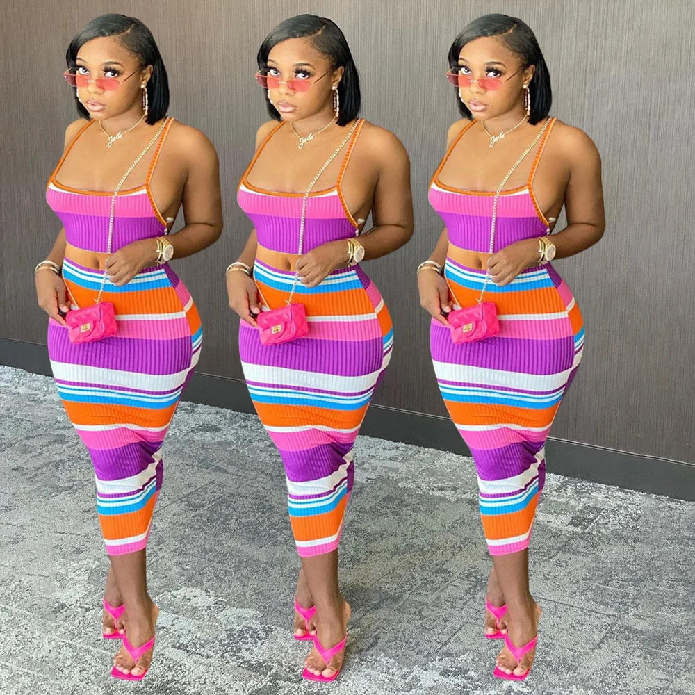 

Yingchchao 2021 New Arrivals Summer Casual Women Print Plus Size Halter 2 Piece Skirt And Crop Top Set Outfit