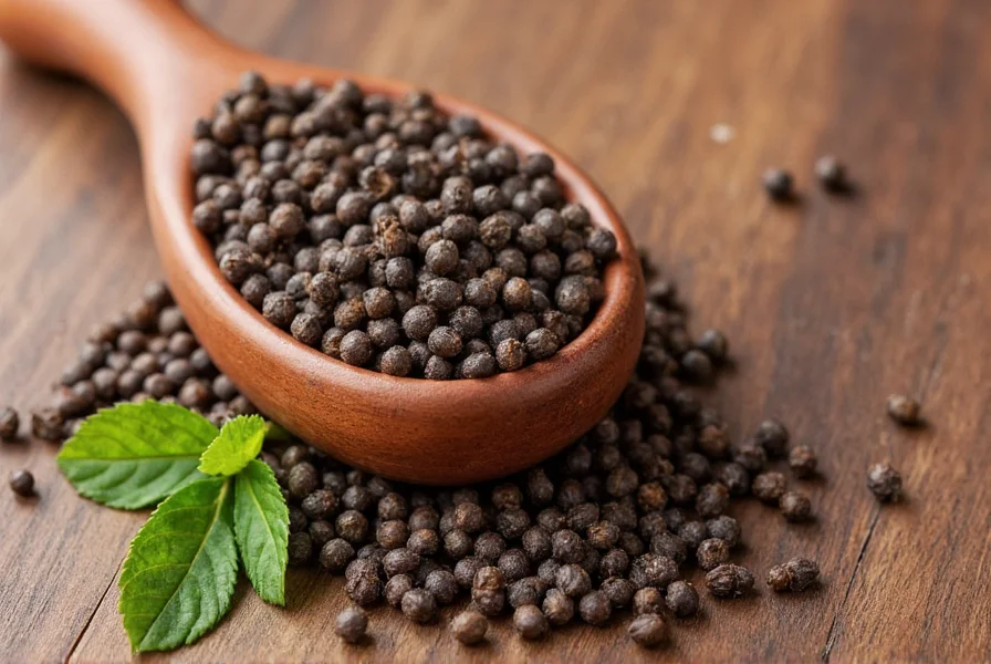 Close-up of black peppercorns on wooden spoon with fresh cracked pepper