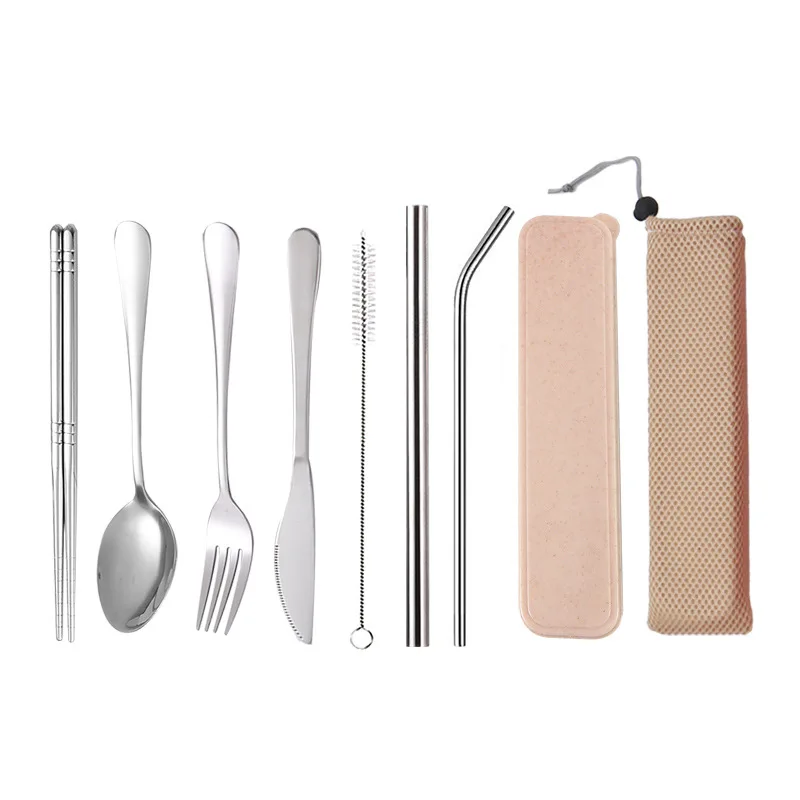 

Travel Portable 18/8 Stainless Steel Wedding Cutlery Set Knife Fork Spoon Baba Straws Flatware Set Custom Logo, Silvery