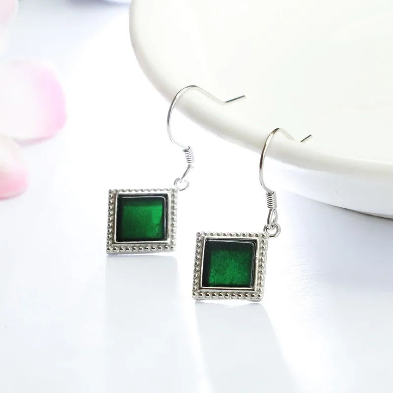 

S925 Silver Inlay Natural Emerald Ear Hook Black Jadeite Square Ear Studs Factory Wholesale Delivery FC2080807