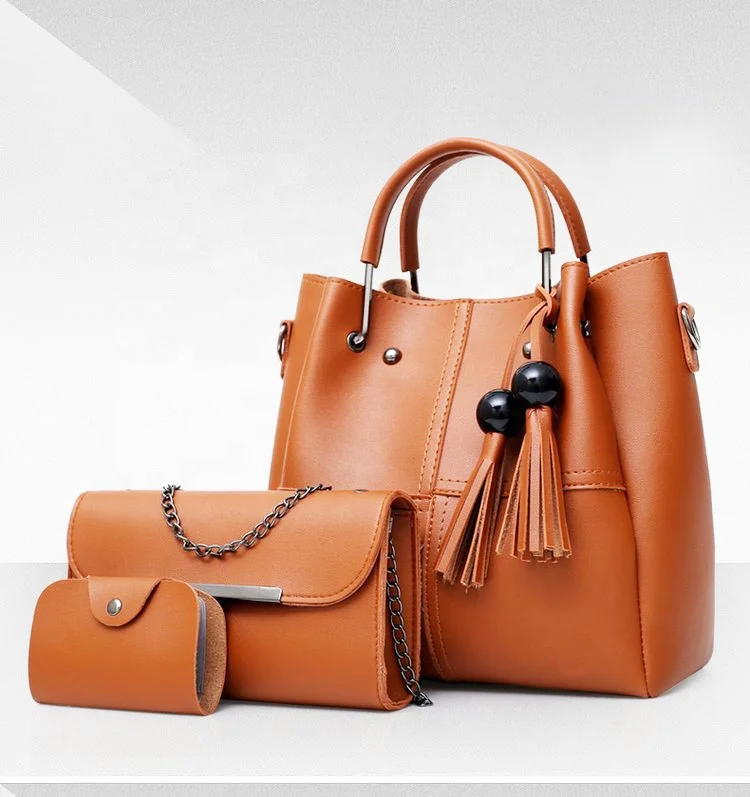 

2019 latest elegant 3 pcs set pu leather handbag set for lady with tassel