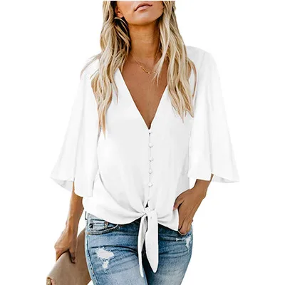 

V-Neck Woman Shirt Chiffon Blouse Woman with Ruffle Tie Knot Sleeve