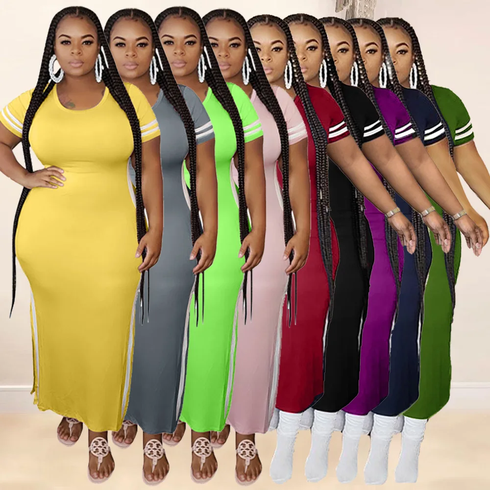 

GAQ19072 Woman Plus Size Clothing Side Stripe Plus Size Long Tee Shirt Dress with Slit Fashion O Neck Short Sleeve Summer Anhui, Yellow, green,black,white,yellow etc.