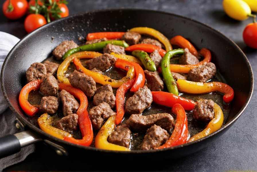 Perfect pepper steak recipe with sizzling flank steak strips and colorful bell peppers in a wok