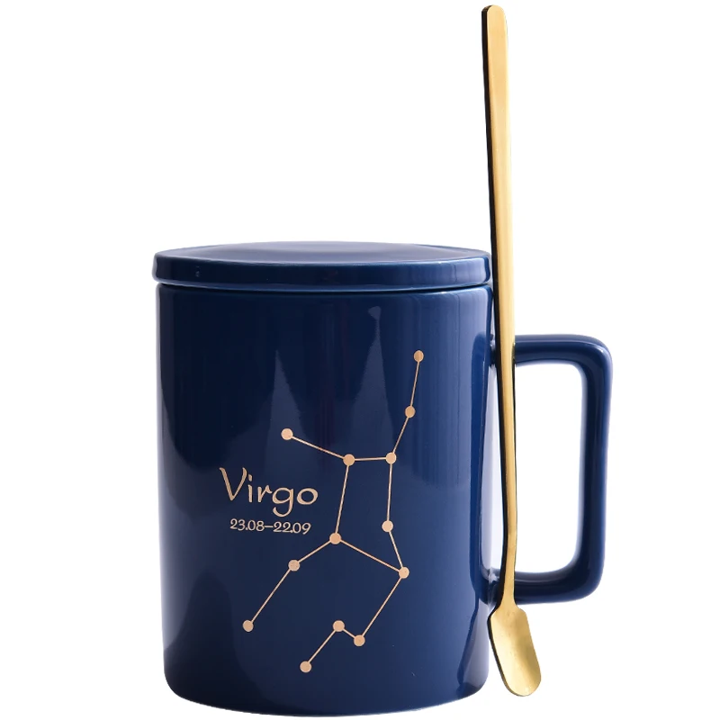 

Drinkware High Quality Coffee Mug Cups Stainless Steel Spoon Ceramic Coffee Cup with Lid New Design Office Home Mugs Creative, Dark blue