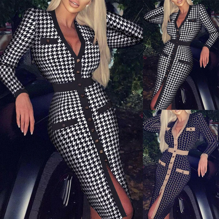 

2019 Dropship Cloth Gold And Black Long Sleeve Decent Dress Office Apparel