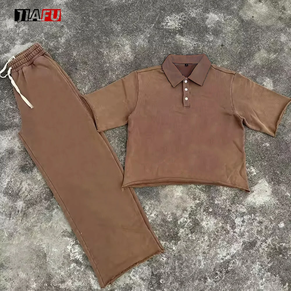 Custom Blank Breathable Boxy Cut off Cropped Fashion Casual Summer Plolo Shirts and Sweatpants Two Piece Men's T-shirt Set